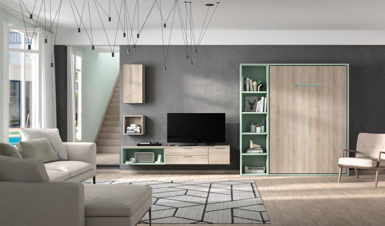 Cama abatible vertical matrimonio con estantería mueble tv a medida diseño barcelona